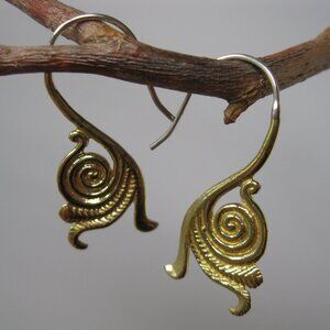 Swirly Fern Frond Hook Earrings in Yellow Brass~ Sterling Silver wires